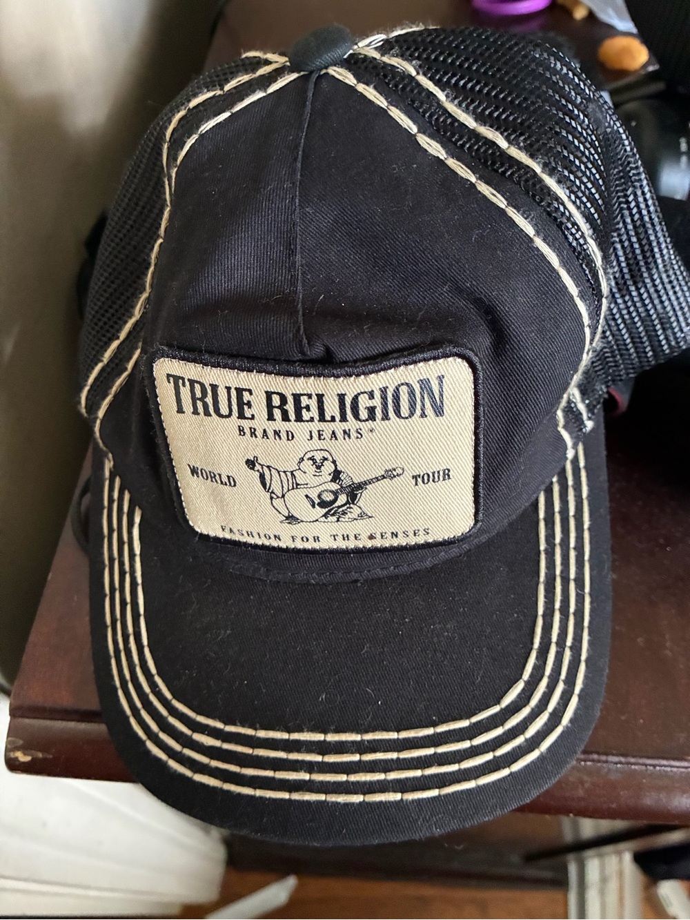 True Religion Black Cap with Cream Logo Patch